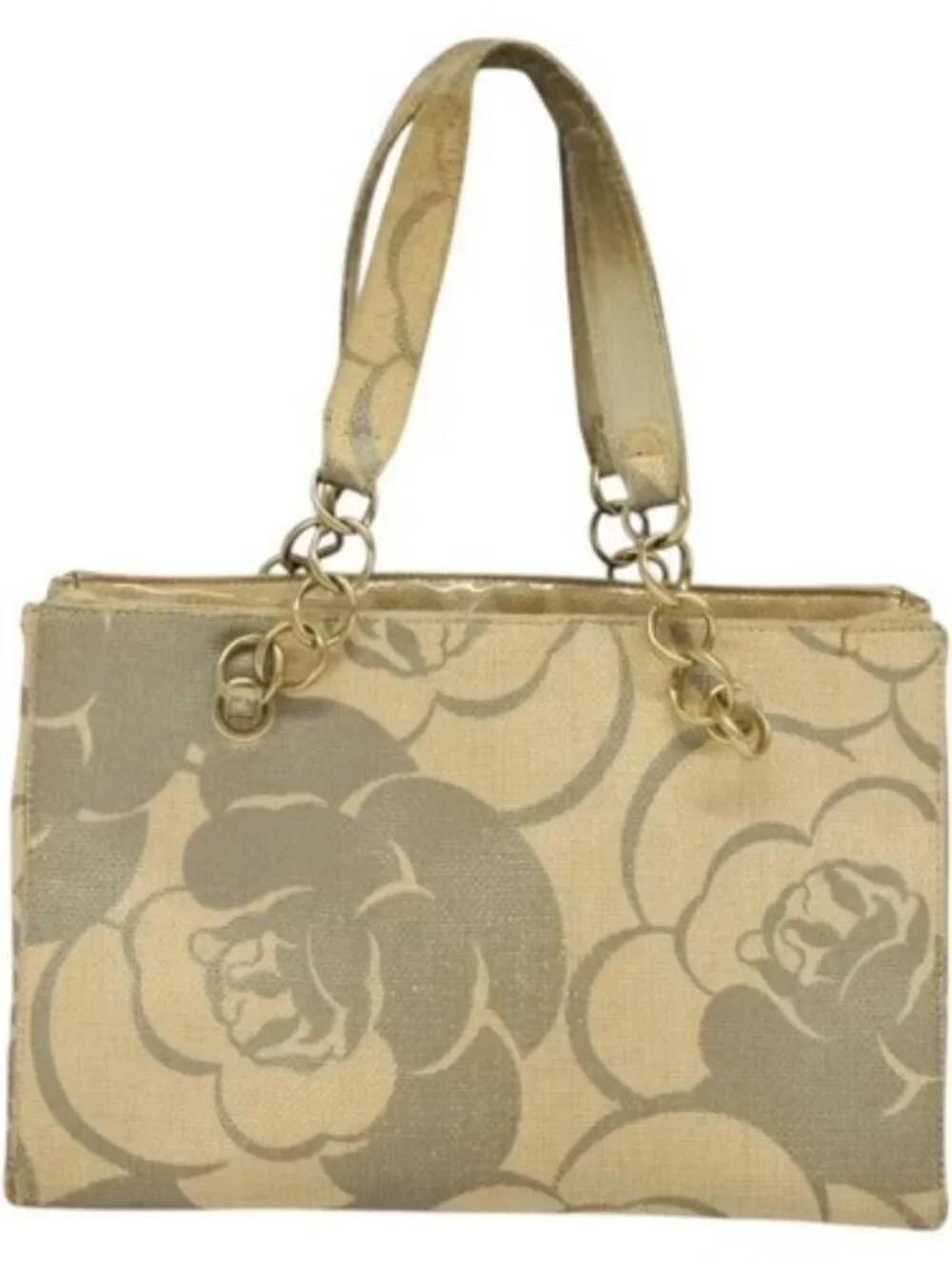 CHANEL Camelia Chain Tote Bag Straw Beige CC Auth 122907